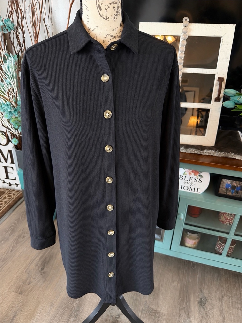 Ellen & Company Classic Corduroy Black Longline Button-Front Shirt Dress Medium